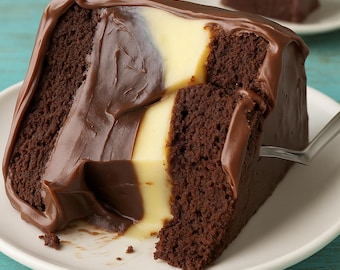 May include: A slice of chocolate cake with a creamy, yellow filling and chocolate frosting. The cake sits on a white plate, with a fork partially inserted. Another slice of cake is visible in the background.