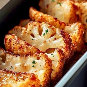 May include: Close-up of roasted cauliflower florets in a rectangular dish. The cauliflower is golden brown with crispy edges and a soft, white interior. Sprinkled with herbs, the dish is a visually appealing and appetizing vegetarian meal.
