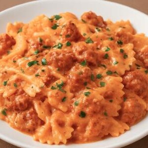 Pode incluir: Uma tigela branca cheia de massa farfalle, coberta com um molho cremoso laranja, e coberta com pequenas almôndegas redondas e ervas verdes picadas. A massa está disposta de forma atraente.