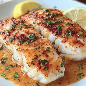 May include: Two portions of cooked fish, seasoned with reddish-brown spices and green herbs, presented on a white plate with lemon wedges. The fish is in a light-coloured sauce.