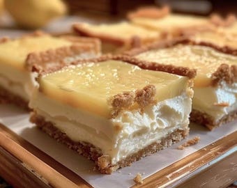 Può includere: Primo piano di barrette al limone su un vassoio di legno. Le barrette hanno una crosta friabile, un ripieno bianco cremoso e una glassa al limone giallo lucido. Le barrette sono tagliate a quadrati.