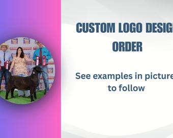 Puede incluir: Imagen que promociona servicios de diseño de logotipos personalizados. Una imagen circular muestra a tres personas con cintas y una cabra negra. El texto a la derecha dice "CUSTOM LOGO DESIGN ORDER" y "Ver ejemplos en las imágenes siguientes."