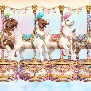 May include: A colourful illustration of a carousel with four goats. Each goat has a decorative saddle and headpiece, standing on an ornate platform. The background is a soft gradient of pastel colours, creating a whimsical scene.