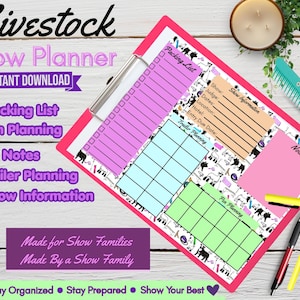 Colorful livestock show planner printable featuring packing list, show information, trailer planning, pen planning, and notes sections for goat, sheep, swine, and cattle exhibitors.