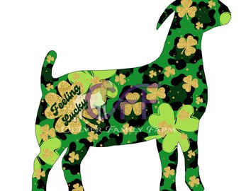 Puede incluir: Silueta de cabra verde con diseño de tréboles y estampado de leopardo. Las palabras "Feeling Lucky" están en texto dorado con purpurina. También hay una pequeña ilustración de cabra. El diseño es para el Día de San Patricio.