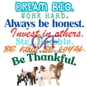 May include: A graphic with the text "DREAM BIG. WORK HARD. Always be honest. Invest in others. Stay humble. BE KIND. BE LOYAL. Be Thankful." and a logo for Culver Family Farm. The image also features illustrations of goats.