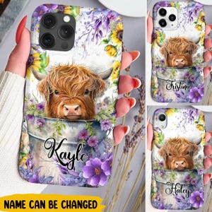 Fleur bébé vache Highland dans un seau, coque de téléphone personnalisée Love Cow Cattle Farm, coque de téléphone personnalisée, étui de téléphone Iphone, étui de téléphone Samsung