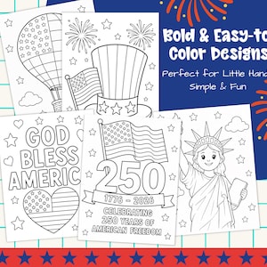 May include: A collection of black and white coloring pages with patriotic themes. Designs include a hot air balloon, Uncle Sam's hat, the Statue of Liberty, and the American flag. Text includes "God Bless America" and "Celebrating 250 Years of American Freedom."