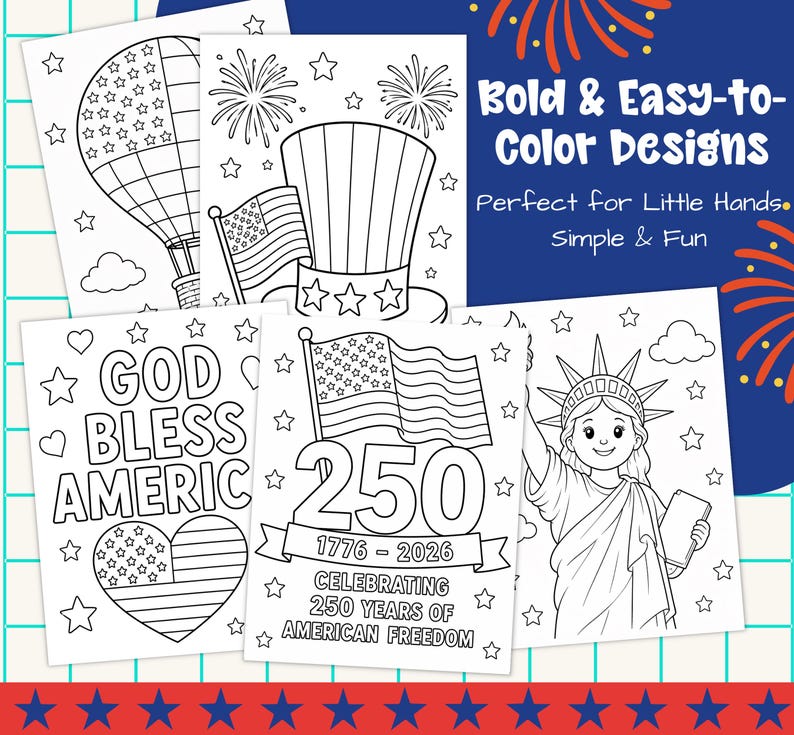 May include: A collection of black and white coloring pages with patriotic themes. Designs include a hot air balloon, Uncle Sam's hat, the Statue of Liberty, and the American flag. Text includes "God Bless America" and "Celebrating 250 Years of American Freedom."