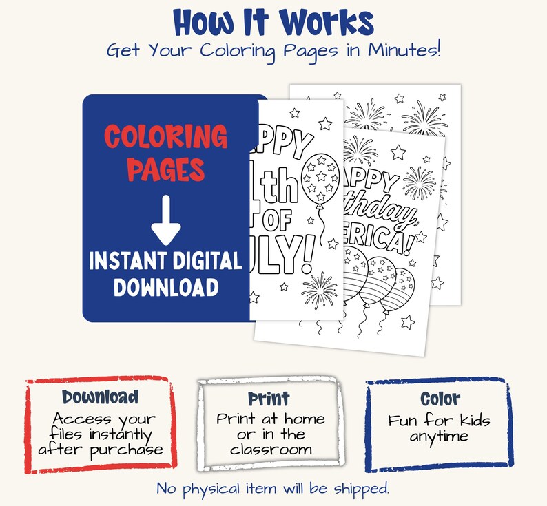 May include: Digital coloring pages with patriotic themes. The image shows instructions for downloading, printing, and coloring the pages. The text includes "Happy 4th of July" and "Happy Birthday America!"
