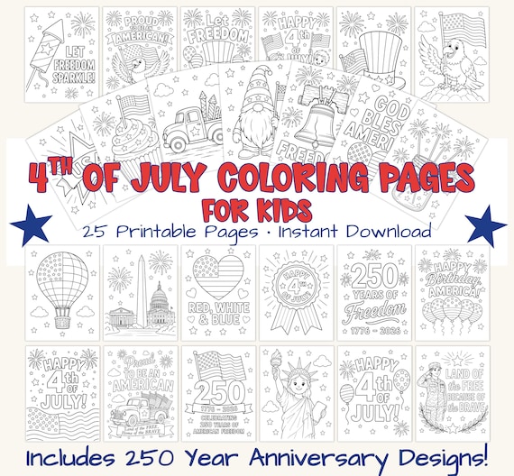 4th of July Coloring Pages for Kids, Patriotic Printable Coloring Book, Summer Activity, 250 Year Anniversary, Instant Download PDF