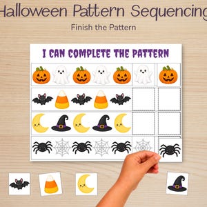 May include: A Halloween pattern sequencing worksheet with the text "Halloween Pattern Sequencing" and "Finish the Pattern". The worksheet features rows of Halloween-themed images, including pumpkins, ghosts, bats, candy corn, moons, witch hats, spiders, and spiderwebs.