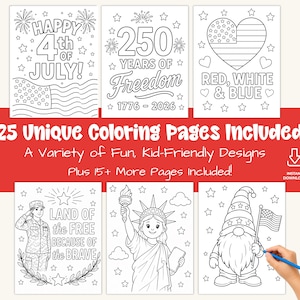 May include: A collection of black and white coloring pages with patriotic themes. Designs include fireworks, flags, and the Statue of Liberty. Text includes "Happy 4th of July!", "250 Years of Freedom", and "Land of the Free Because of the Brave".