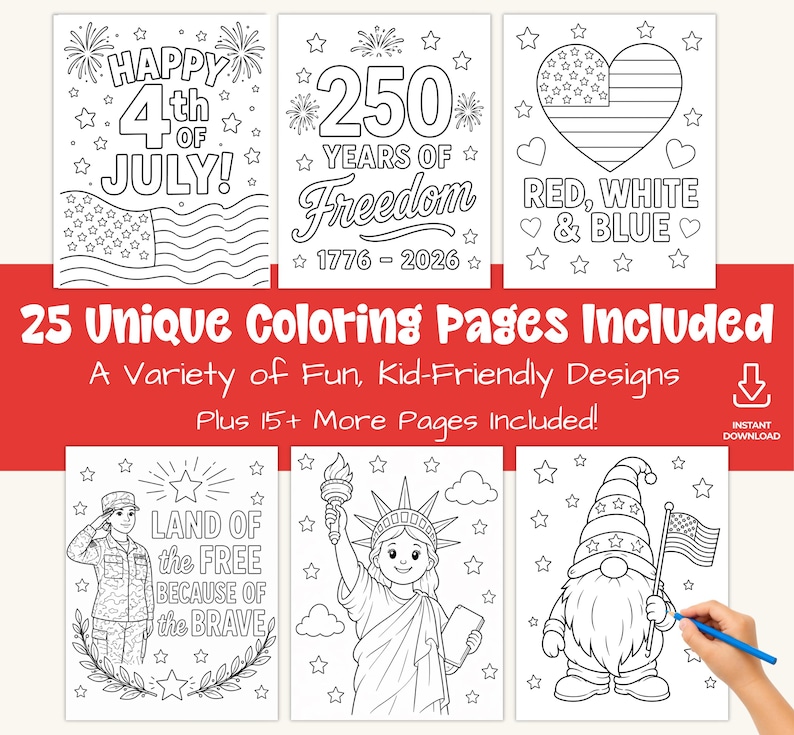 May include: A collection of black and white coloring pages with patriotic themes. Designs include fireworks, flags, and the Statue of Liberty. Text includes "Happy 4th of July!", "250 Years of Freedom", and "Land of the Free Because of the Brave".