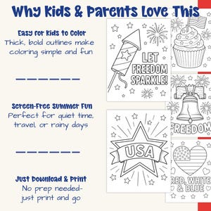 May include: Black and white line drawings of patriotic images, including a firework, cupcake with a flag, Liberty Bell, star with "USA" banner, and a heart with stars and stripes. Text includes "Let Freedom Sparkle!" and "Red, White & Blue."