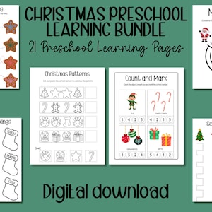 May include: A digital download of a Christmas preschool learning bundle with 21 pages. The pages include activities like cookie decorating, colouring stockings, Christmas patterns, counting, and scissor practice. The bundle is designed for preschool-aged children.