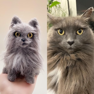 May include: A split image showing a fluffy grey cat and a real grey cat. The plush cat has yellow eyes and long fur. The real cat has yellow eyes and long fur. The plush cat is held in a person's hand.