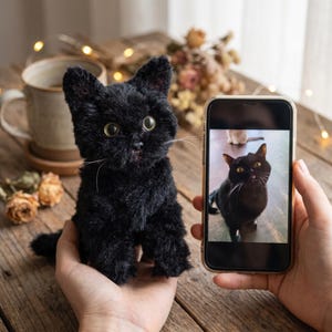 Könnte beinhalten: Eine schwarze Plüschkatzenfigur mit strukturiertem Fell, spitzen Ohren und großen, hellen Augen. Die Katze hat lange, dünne weiße Schnurrhaare und steht neben einem Smartphone, das auf dem Bildschirm ein Foto einer ähnlichen schwarzen Katze zeigt.