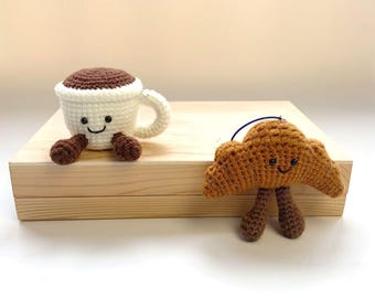 Crochet Coffee Cup and Croissant Ornaments, Handmade Plush Toy，Crocheted bag charm, doll ornament，birthday gift