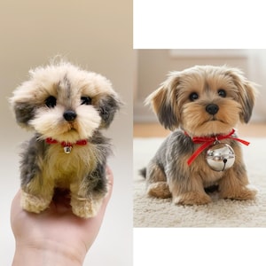 May include: Two plush toy dogs. One is held in a hand, the other sits on a carpet. Both have brown and gray fur, red collars, and small bells. The toy dogs are designed to resemble Yorkshire Terriers.