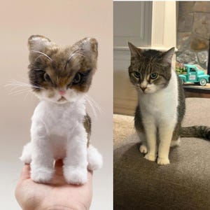 May include: A side-by-side image featuring a plush cat and a real cat. The plush cat is brown, white, and gray, with a stern expression. The real cat is gray and white, sitting on a couch.