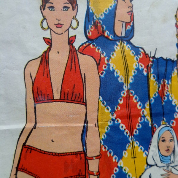 70s Halter Neck Bathing Suit Pattern 2 Pce Swimsuit & Hooded Poncho Cover Up Bust 34 Vogue 7793