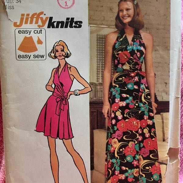 70s DVF Style Front Wrap Dress Pattern Simplicity 5404 Size 12 Halter Neck Flared Skirt UNCUT
