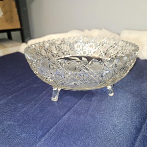 ABP American Brilliant Period decorative Sawtooth cut edge tri-footed bowl. Vintage, flower motif.