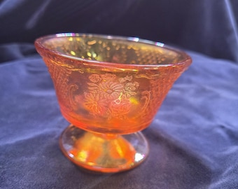 Federal Glass Normandie Marigold Carnival Glass Bouquet & Lattice Footed Sherbet Dessert Cup
