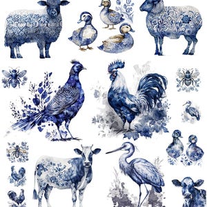 Könnte beinhalten: Aquarellillustrationen von Nutztieren und Insekten in Blau- und Weißtönen. Das Bild zeigt Schafe, Enten, einen Fasan, einen Hahn, Bienen, eine Kuh und einen Reiher. Die Designs weisen florale Muster auf und sind vor einem weißen Hintergrund angeordnet.