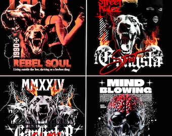 May include: Four black graphic t-shirts with edgy designs. One features a woman in a balaclava with dogs and the text "REBEL SOUL". Another has a snarling dog with "Street Rules". The third has "Gar GateB", and the last has a skull and brain with "MIND BLOWING".