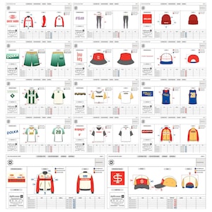 Può includere: Un foglio tecnico di mockup che mostra vari capi di abbigliamento tra cui giacche, pantaloni, cappelli, pantaloncini, maglie e t-shirt, con diagrammi di misurazione, palette di colori e viste frontali e posteriori per ogni design.