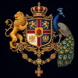 May include: A detailed heraldic crest featuring a golden lion and a peacock flanking a shield. The shield is topped with a crown and features a pomegranate and other symbols. The design is set against a dark blue background.