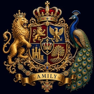Può includere: Uno stemma dorato con uno scudo centrale diviso in quattro quadranti con un leone, un'aquila, un castello e un albero. Una corona sovrasta lo scudo, affiancato da un leone dorato e un pavone. Un nastro sottostante riporta il testo AMILY.