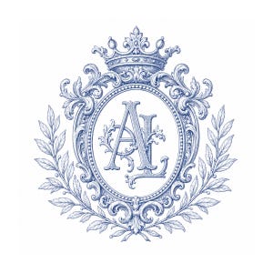 Pode incluir: Uma ilustração em azul e branco apresentando as letras AL entrelaçadas numa moldura oval central. O design é rodeado por volutas ornamentadas, uma coroa no topo e ramos de louro que se estendem pelos lados sobre um fundo branco.