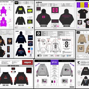 Pode incluir: Uma coleção de folhas de design técnico para vários moletons com capuz e camisetas, apresentando vistas frontais e traseiras, paletas de cores, especificações de tecido e logotipos de marcas. Os layouts incluem linhas de grade e anotações.