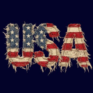 Vintage Faux Patchwork USA PNG, 4th of July Patriotic Design, Distressed American Flag Letters, Retro USA Shirt Graphic.