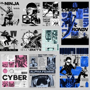 May include: A series of graphic design posters with a cyberpunk and retro aesthetic. The posters feature illustrations of ninjas, surfers, and athletes, with text elements such as "CYBER," "ALPHA FEMME," and "RONIN." The colour palette includes black, white, pink, and blue.