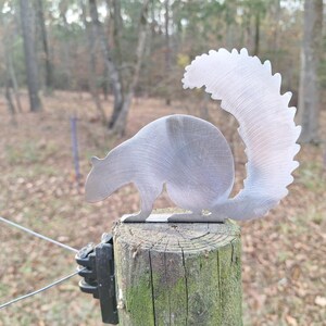 May include: A metal squirrel silhouette with a bushy tail, mounted on a wooden post. The squirrel is facing left and is made of brushed metal.