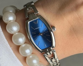 Vintage Inspired Black Oval Women’s Watch–Retro Style Silver Bracelet –Elegant Tonneau Dial Watch,Minimalist Watch,Wife Gift-Bestfriend Gift