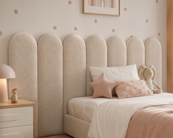 Paneles de pared infantiles de bouclé / Paneles tapizados redondeados / Cabecero Montessori / Cojín de pared suave / Decoración para dormitorio infantil / Tamaño personalizado