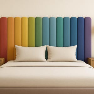 Könnte beinhalten: Ein Bett mit einem hohen, vertikal gesteppten Kopfteil in einem Regenbogen-Farbverlauf aus roten, orangen, gelben, grünen, türkisen, blauen und violetten Stoffpaneelen. Das Bett ist mit cremefarbener Bettwäsche bezogen und von zwei Nachttischen aus hellem Holz flankiert.