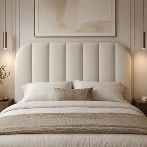 Puede incluir: Un cabecero tapizado de color crema con acolchado vertical y borde superior redondeado. La cama está vestida con ropa de cama en tonos neutros, que incluye una manta texturizada, dos almohadas grandes y un pequeño cojín rectangular.