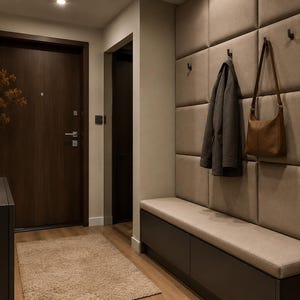 Op de afbeelding: Een moderne entree met een donkerbruine deur, een bank met opbergruimte en een gewatteerde muur. Een bruine jas en een bruine leren tas hangen aan de muur. Een vaas met gedroogde bloemen en een brandende kaars staan op een donkere kast.