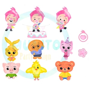 Pode incluir: Um conjunto de nove ilustrações de aquarela com animais e personagens de desenhos animados. As ilustrações incluem um porco, um pintinho, um urso, um gato, um elefante, um coelho e três personagens cor-de-rosa com narizes vermelhos. As ilustrações são perfeitas para decoração de festas ou scrapbooking.
