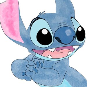 May include: A watercolor illustration of Stitch, a blue alien character with large black eyes, a wide grin, and large ears with pink inner ears. His hands are clasped together, and his expression is playful.