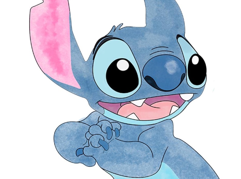 May include: A watercolor illustration of Stitch, a blue alien character with large black eyes, a wide grin, and large ears with pink inner ears. His hands are clasped together, and his expression is playful.