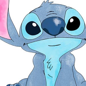 May include: A cartoon illustration of Stitch, a blue extraterrestrial creature with large black eyes, a dark blue nose, and large pink ears. The character is smiling, with a light blue body and a white background.