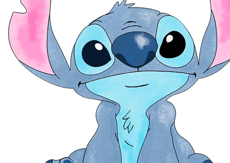 May include: A cartoon illustration of Stitch, a blue extraterrestrial creature with large black eyes, a dark blue nose, and large pink ears. The character is smiling, with a light blue body and a white background.