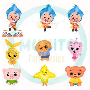 Puede incluir: Ilustraciones en acuarela de personajes de dibujos animados, incluyendo un payaso, un conejo, un perro, un gato, un cerdo, un pollito y un oso. El payaso toca la guitarra. Contiene el texto "MUMITO Party Design".